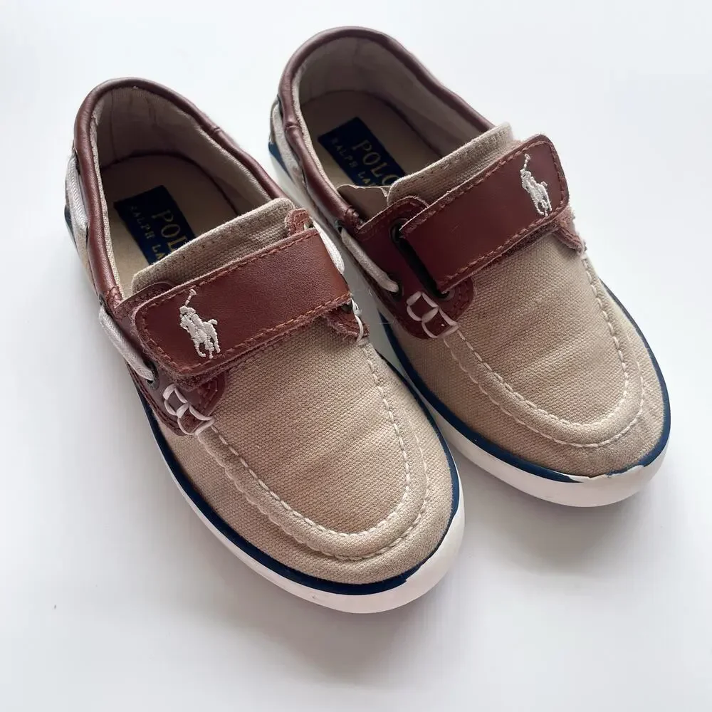 Boy's Polo Ralph Lauren Khaki Canvas Boat Shoes Brown Leather Trim Size 11